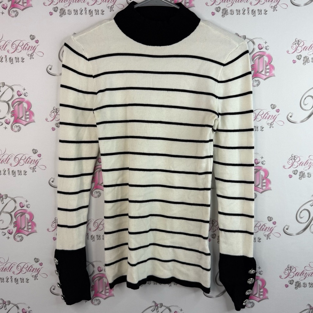 Guess turtleneck sweater, top colour block, stretchy Black and White Knit Top